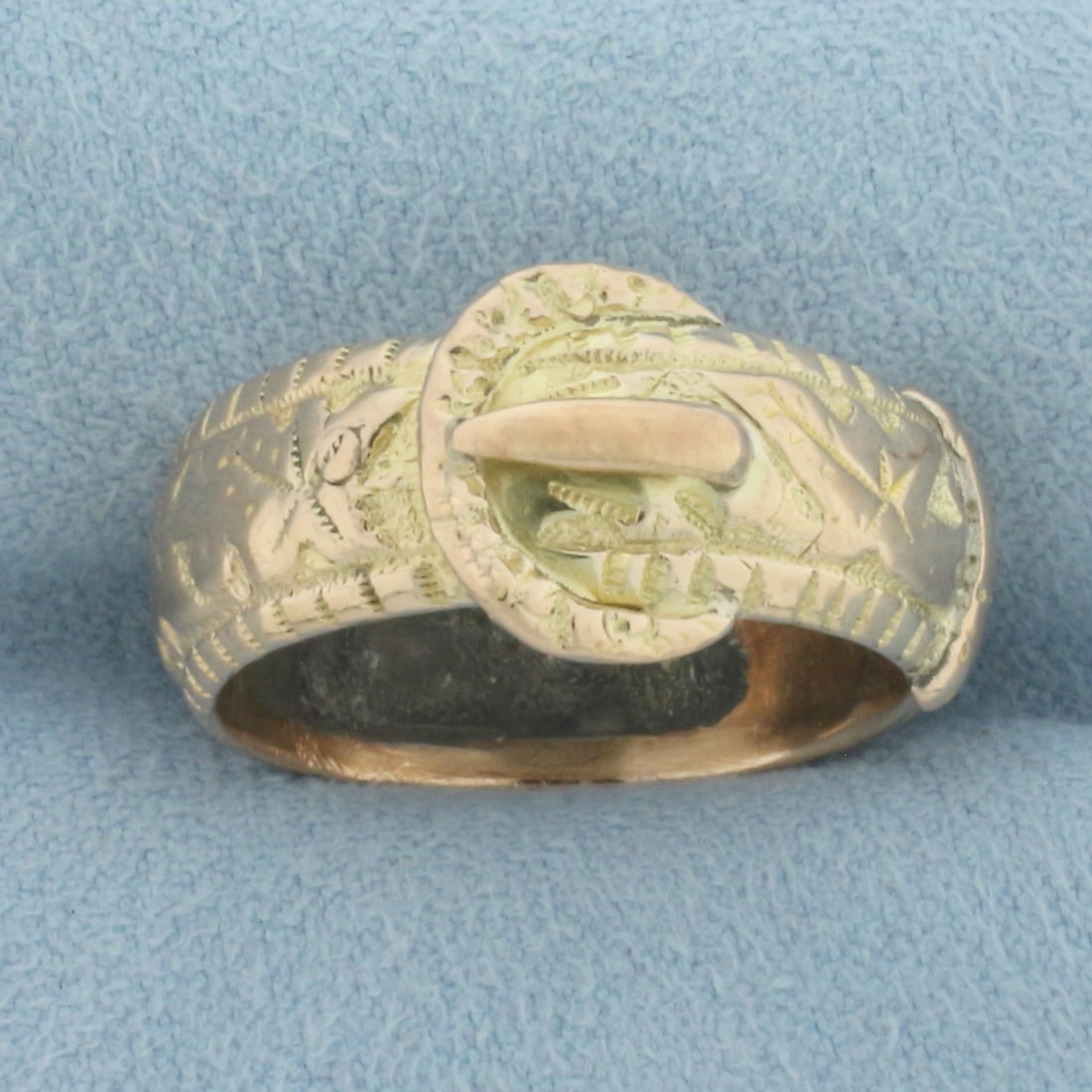 Antique European Buckle Ring in 8k Yellow and Rose Gold: In 8k Yellow and Rose Gold. 11mm wide at widest. Size 8. Some cracks on side of ring, indicative of age. 3.8g.