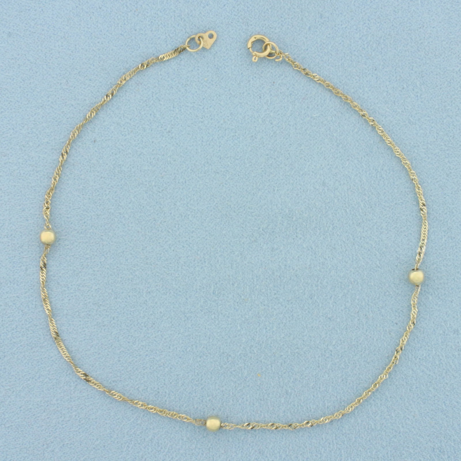Twisting Curb Link Ball Bead Station Anklet in 14k Yellow Gold