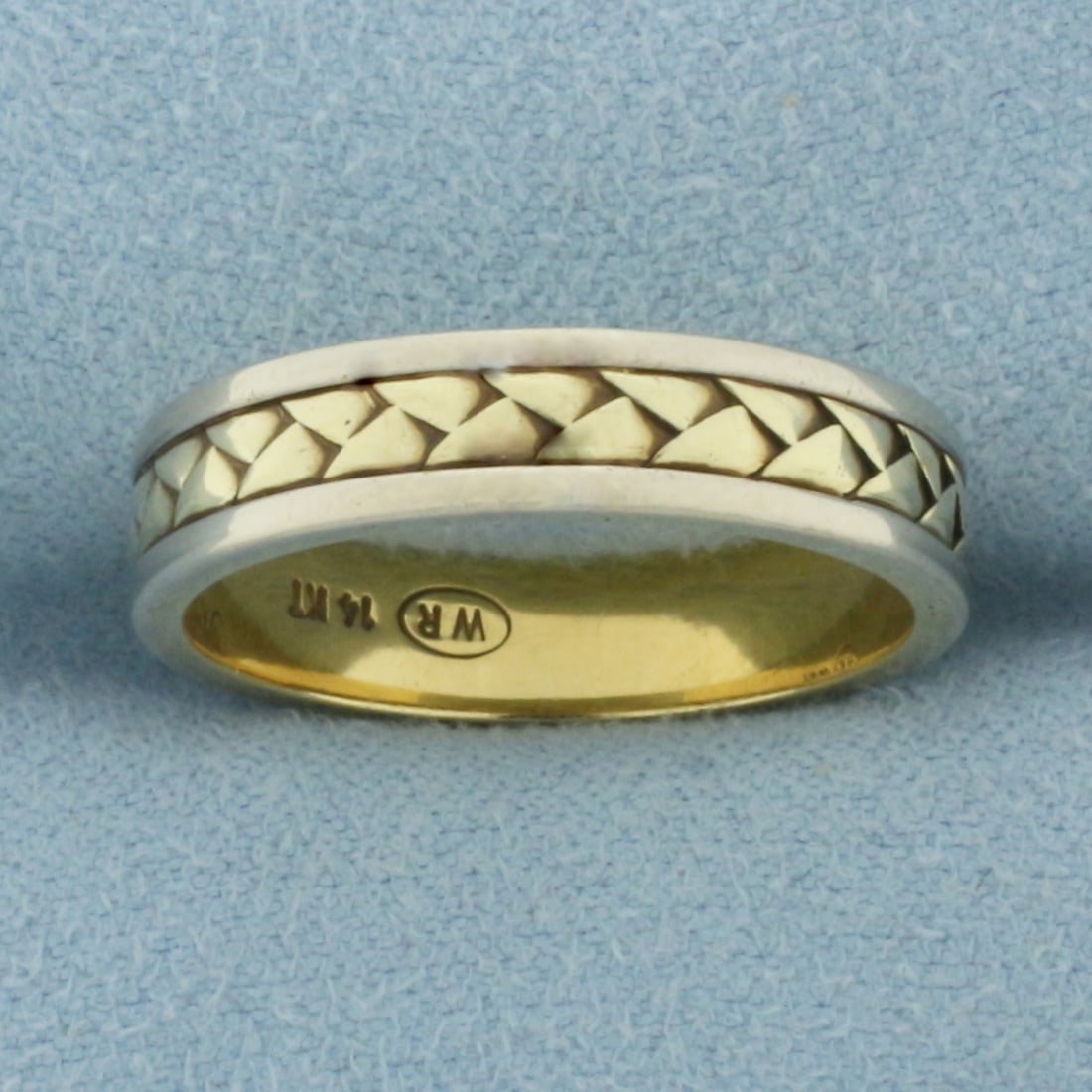 Geometric Two-Tone Band Ring in 14k Yellow and White Gold: In 14k Yellow and White Gold. 4.9mm wide. Size 9. 5.7g.