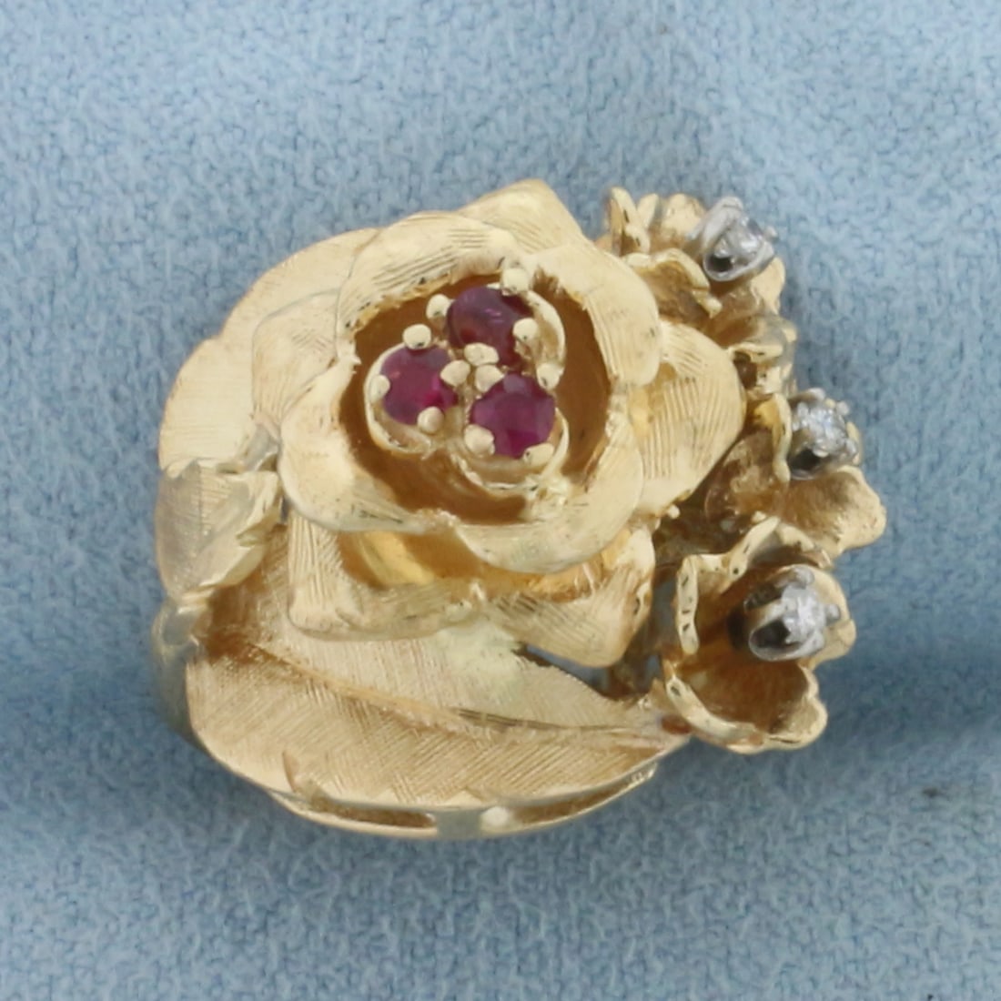 Ruby and Diamond Rose Flower Ring in 14k Yellow Gold