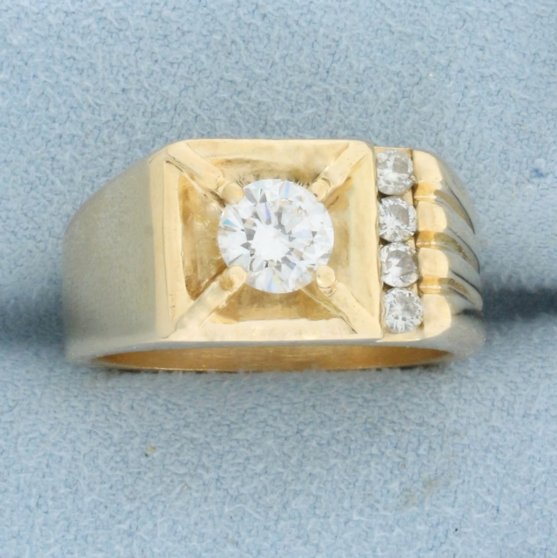 Mens Vintage Diamond Statement Ring in 14k Yellow Gold: In 14k yellow gold. Contains a .8ct high quality round brilliant diamond, VS clarity/F color. Also contains four .05ct round brilliant diamonds of similar high quality. Size 9.5. 13.2g.