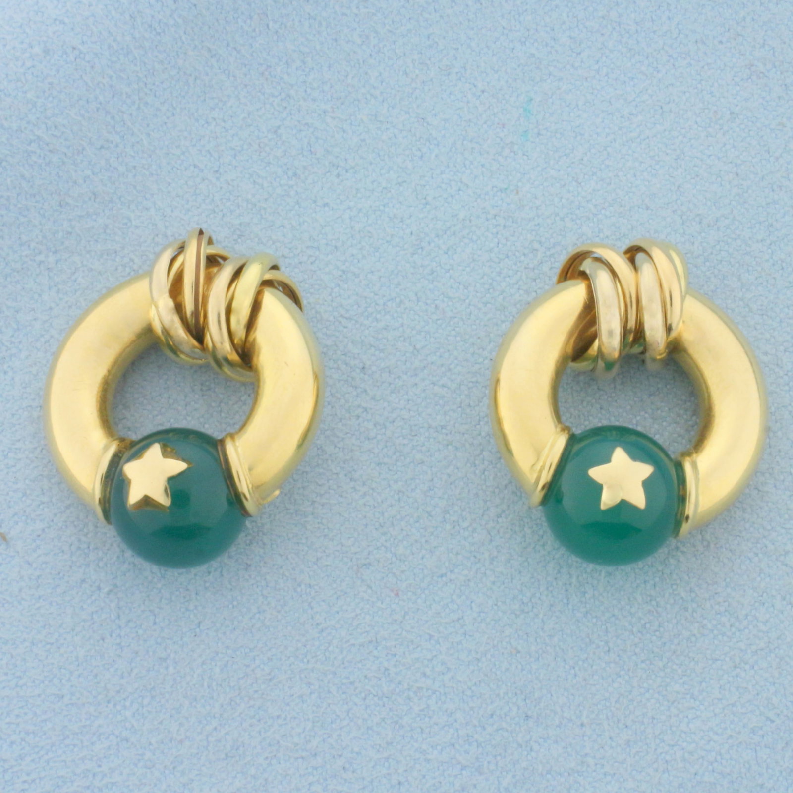 Vintage Star Crystal Ball Bead Hoop Earring Enhancers in 14k Yellow Gold: In 14k yellow gold. 10mm green crytal ball bead. Rings move along the hoop. 7/8 inch long. Attach to gold hoop earrings to give a very interesting and fresh look. 8.1g.