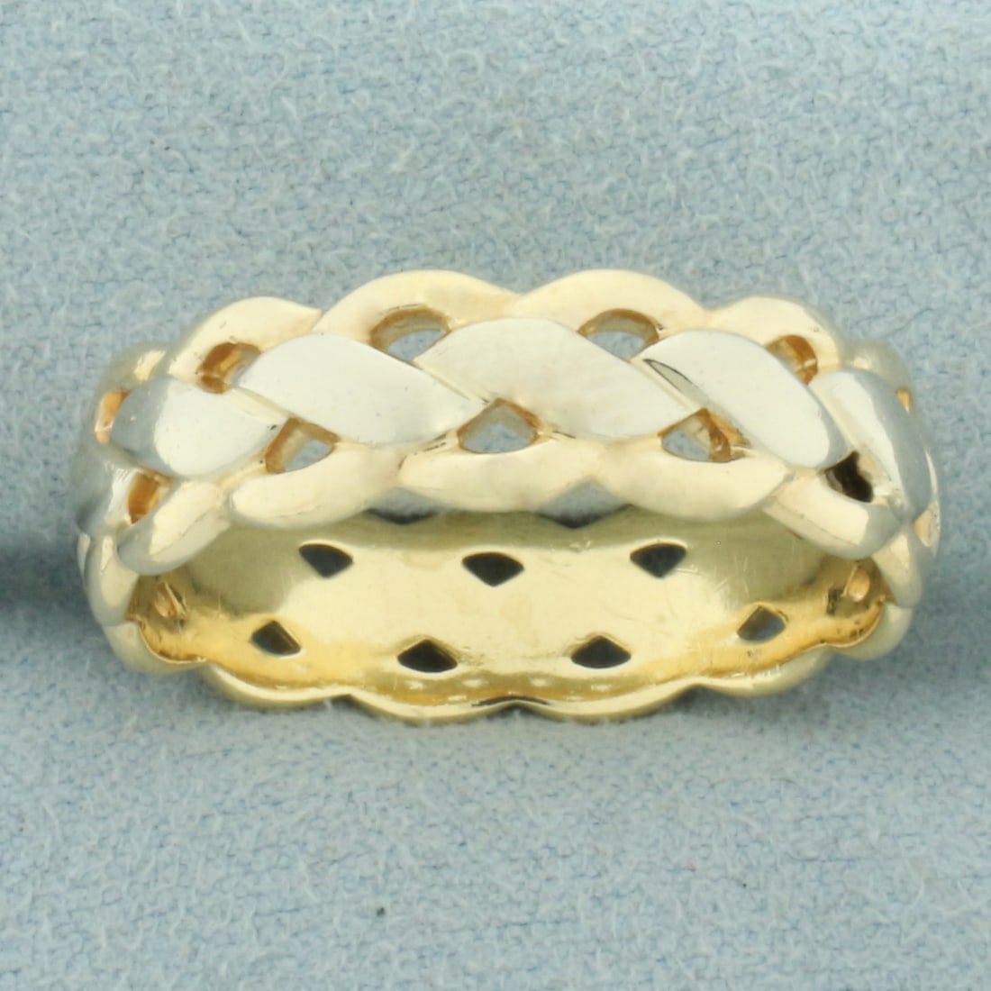 Mens Two Tone Braided Design Wedding Band Ring in 14k Yellow and White Gold: In yellow and white gold. 7mm wide. Size: 12.5. 7.5g.