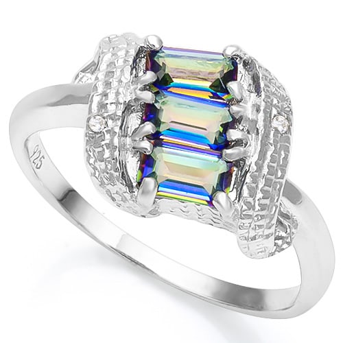 Ocean Mystic Topaz and Diamond Scroll Ring in Sterling Silver: In platinum over .925 sterling silver. Contains 3 Ocean Mystic Topaz gemstones, 1.5ctw, and 2 genuine diamonds, .01ctw. Size 7. 2.9g