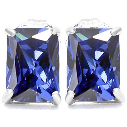 6x8 Emerald Cut Lab Tanzanite Earrings in Sterling Silver: In platinum over .925 sterling silver basket mountings with friction backs included. Contains 2 emerald cut lab created Tanzanite gemstones with excellent color and clarity, approx. 4.8CTW, 6x8mm each