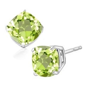 5MM Cushion Peridot Earrings in Sterling Silver: In platinum over .925 sterling silver basket mountings with friction backs included. Contains 2 cushion cut Peridot gemstones with excellent color and clarity, approx. 1.2CTW, 5mm each. 1.2g