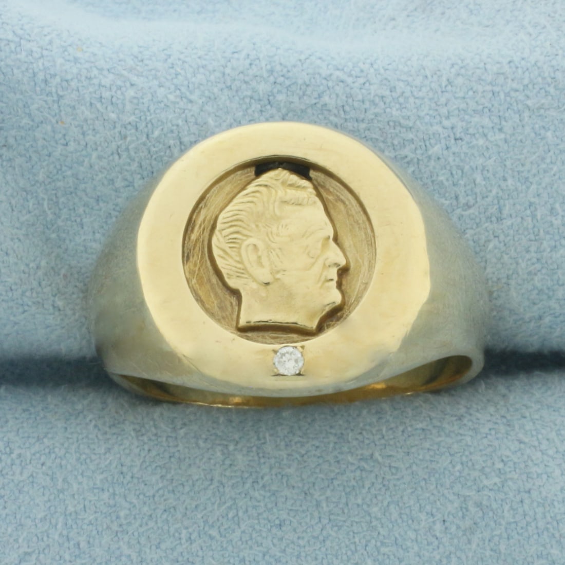 Mens Vintage John Deere Diamond Corporate Ring in 10k Yellow Gold: In 10k Yellow Gold. Contains one .02ct high quality diamond. 16.5mm wide at top of ring. Size 11.5. 14.5g.