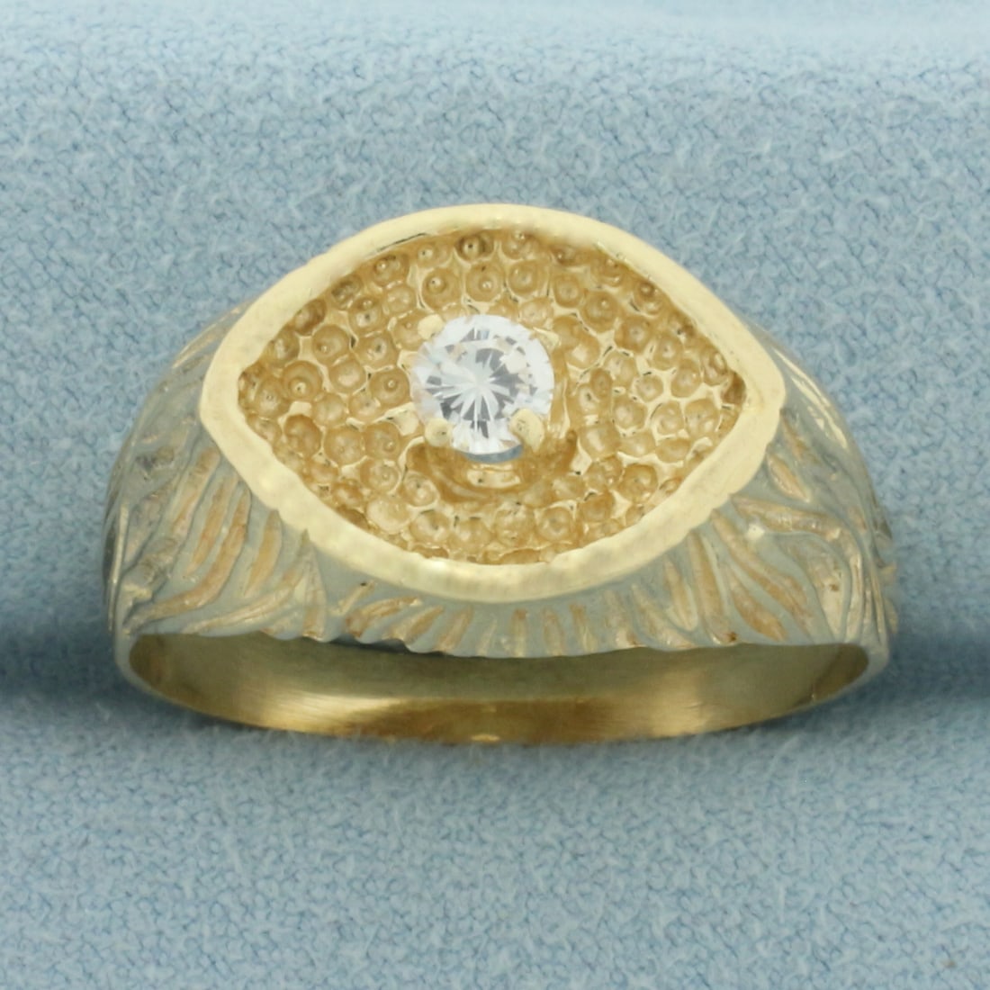 Mens Diamond Evil Eye Ring in 14k Yellow Gold: In 14k Yellow Gold. Contains one 1/4ct high quality diamond, VS clarity/G color. 12.6mm wide. Size 13.5. 7.8g.