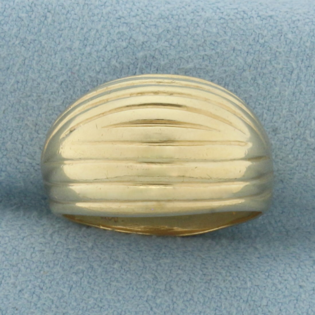 Striped Dome Ring in 14k Yellow Gold: In 14k Yellow Gold. 13.3mm wide (at widest point). Size 7.5. 7.6g.