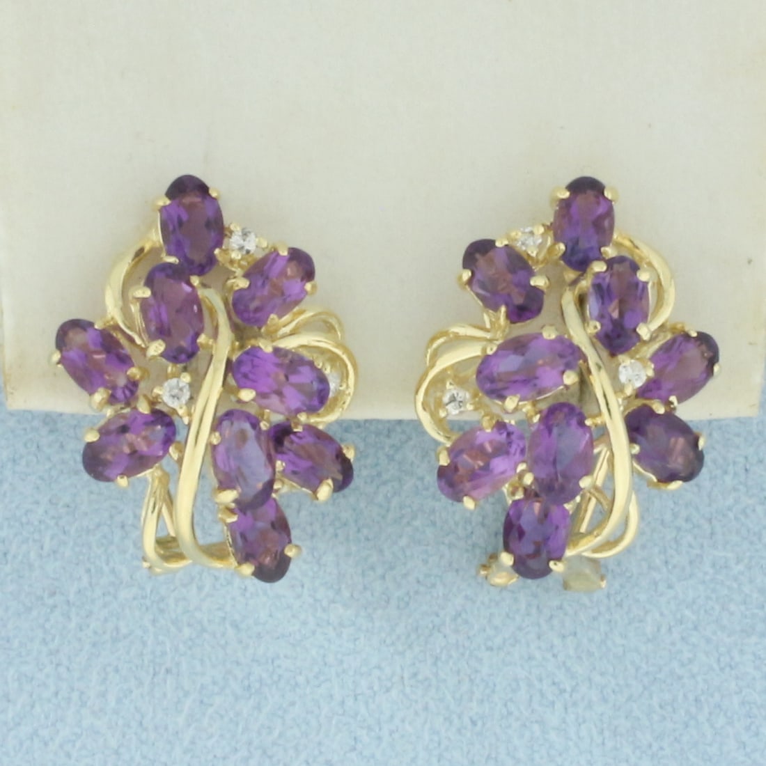 Amethyst and Diamond Omega Back Earrings in 14k Yellow Gold