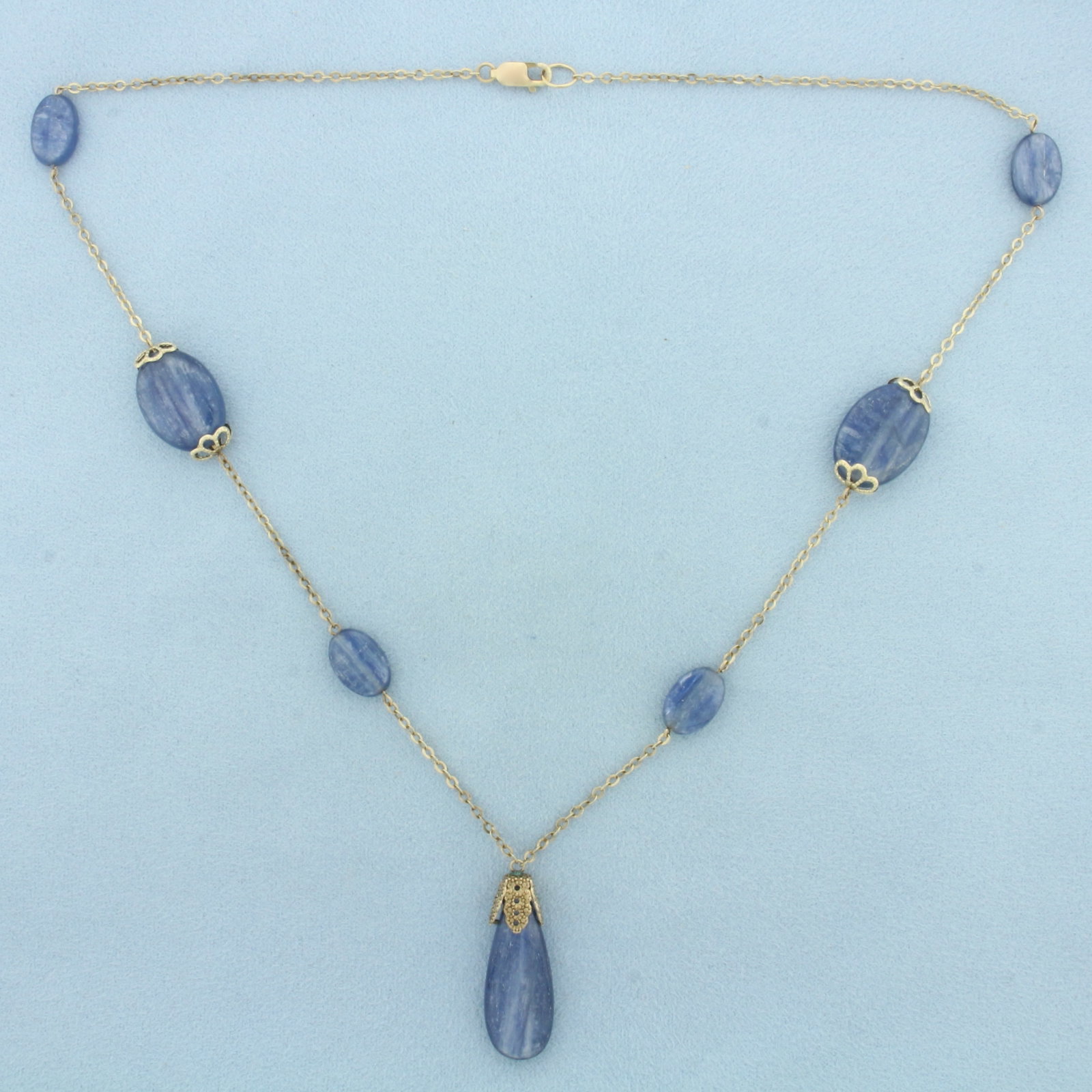 Blue Kyanite Station Dangle Necklace in 14k Yellow Gold
