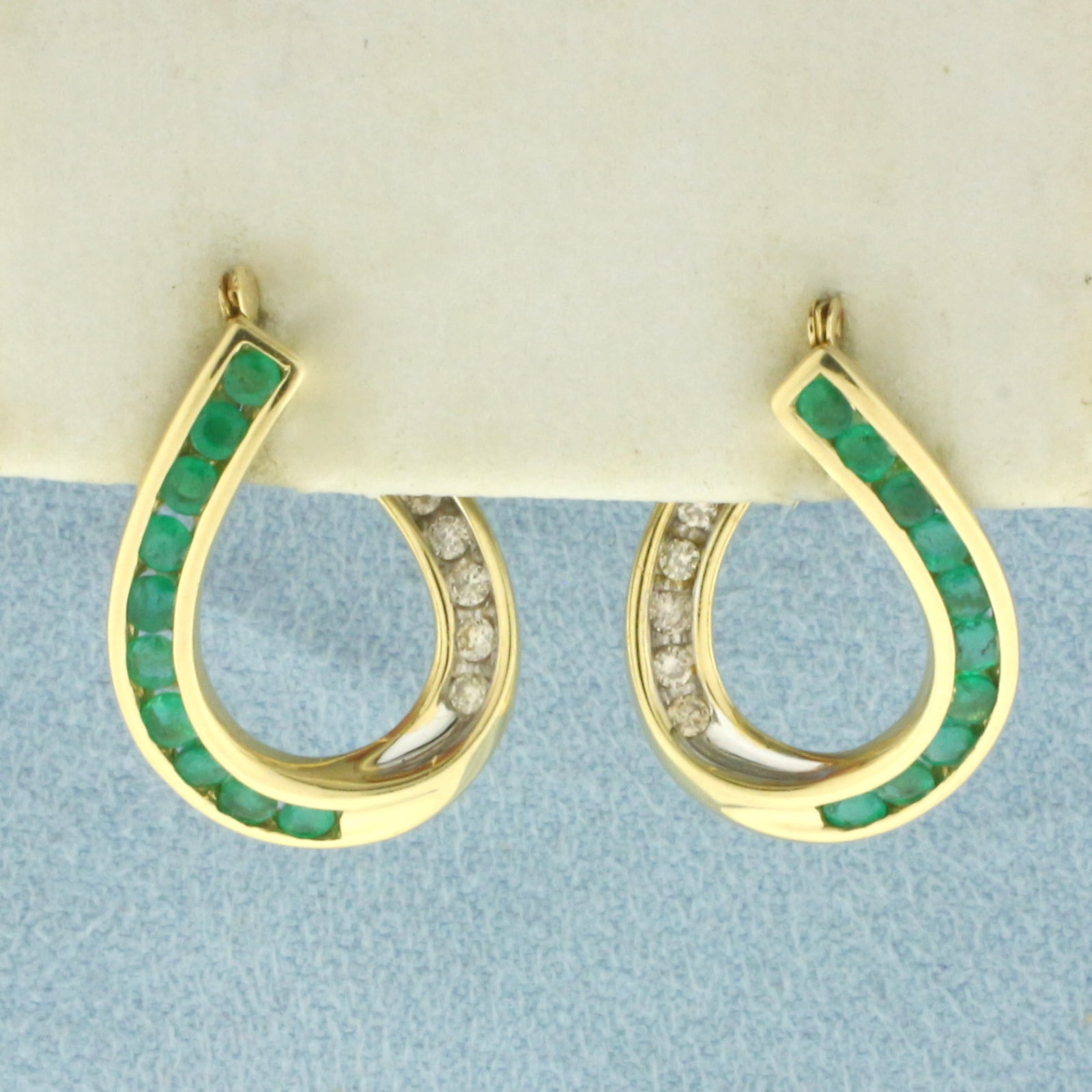 Emerald And Diamond Front to Back Twist Earrings in 14K Yellow Gold