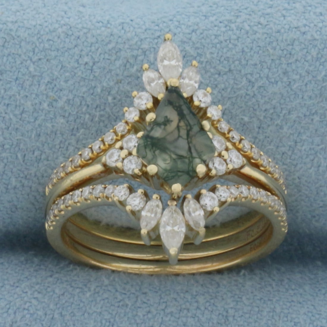 Kite Shaped Moss Agate and Diamond Ring in 18k and 14k Yellow Gold