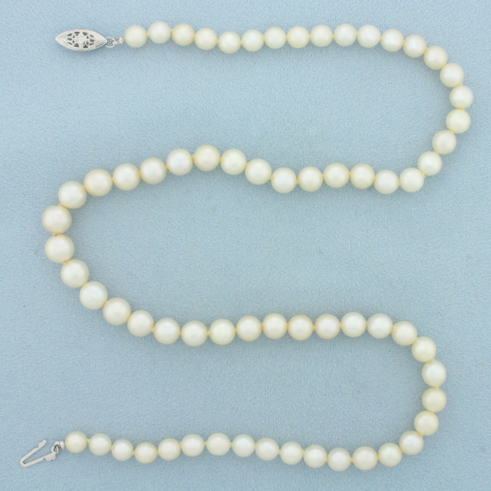 Graduated Cultured Akoya Pearl Strand Necklace With 14k White Gold filigree clasp