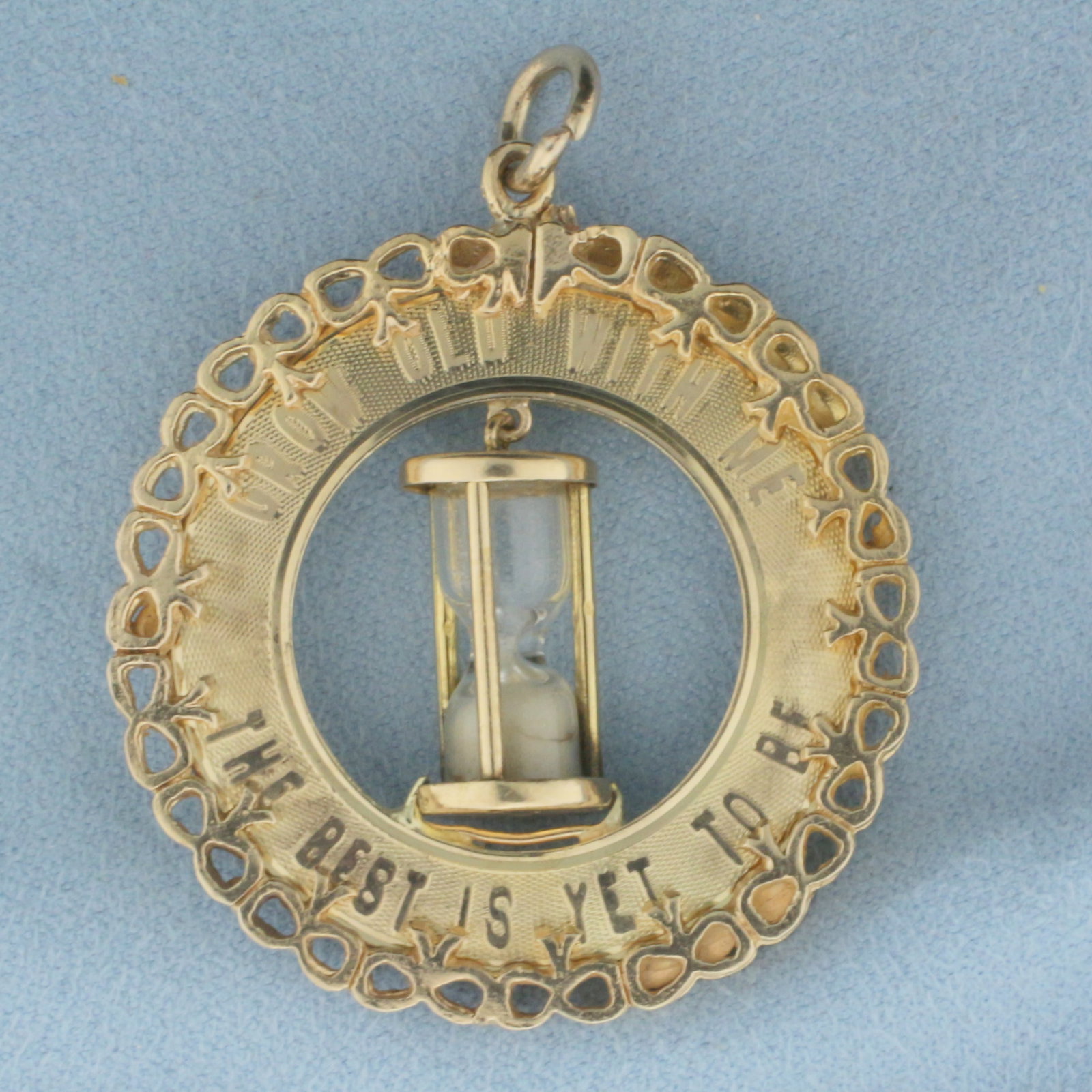 Hourglass Grow Old With Me Large Medallion Charm or Pendant in 14K Yellow Gold: In 14k yellow gold. 2 inches long (including jump ring) by 1.5 inches wide. 16.2g.