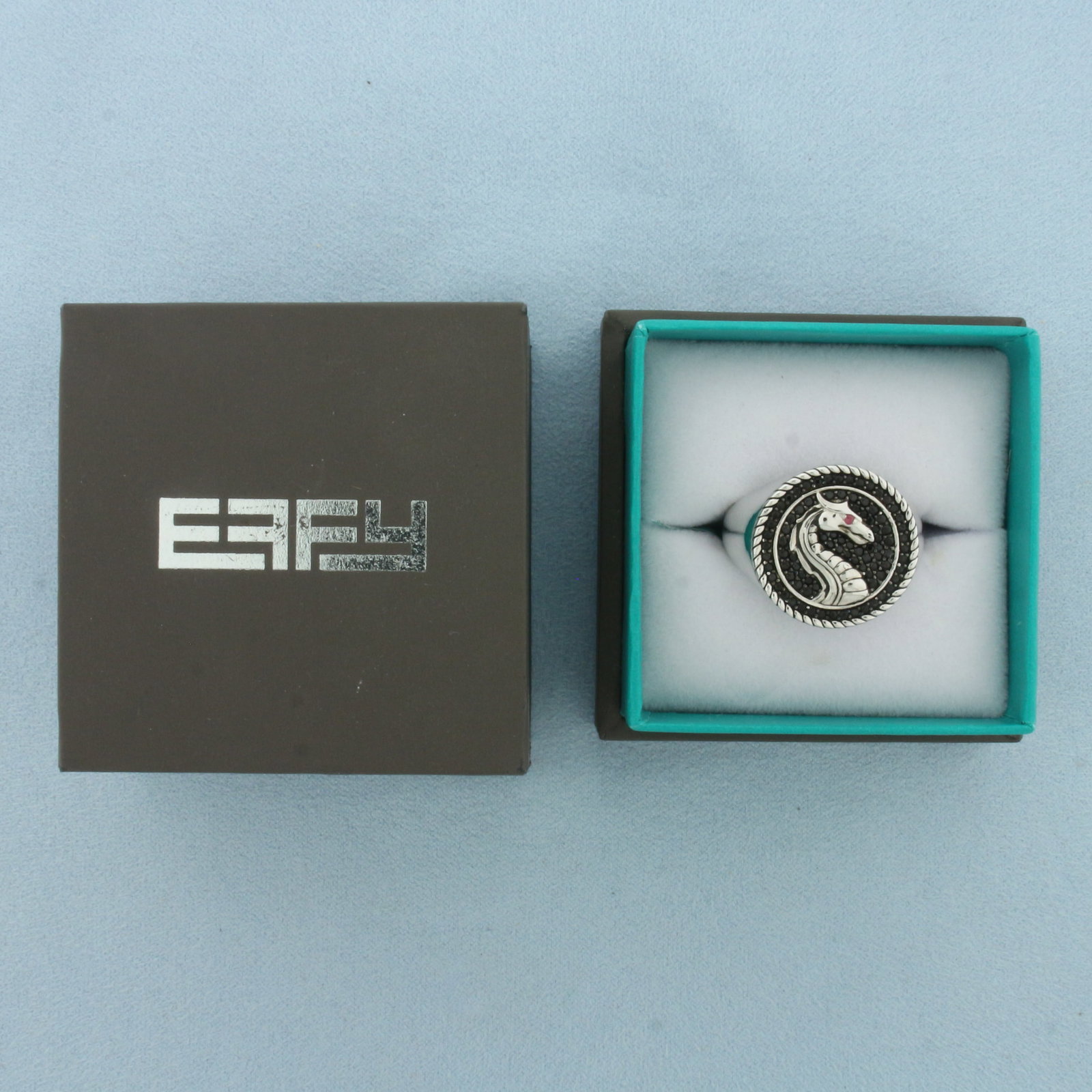 Effy Mens Ruby and Spinel Dragon Signet Ring in Sterling Silver: In .925 Sterling Silver. Contains high quality pave Black Spinel gemstones. Accented with high quality Ruby gemstone eye with vibrant color. 20mm wide at top of ring. Designer stamped: Effy. Original 