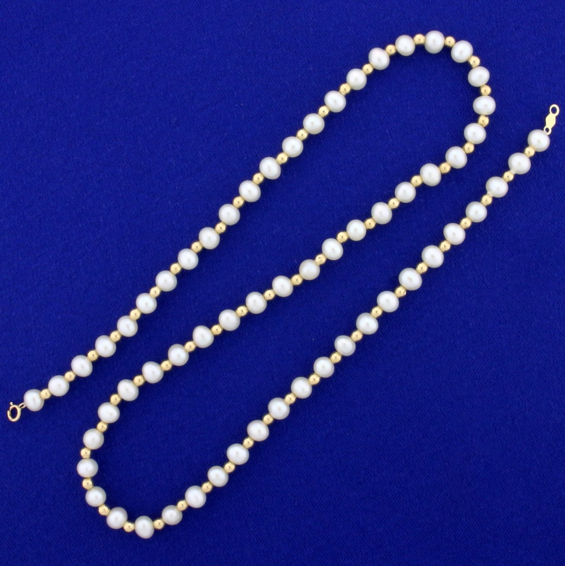 18 Inch Cultured Pearl and Gold Bead Necklace in 14K Yellow Gold