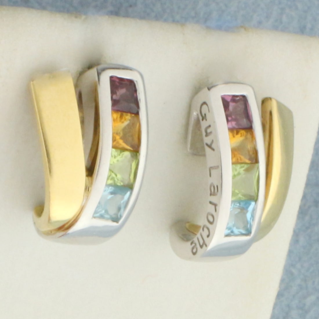 Guy Laroche Designer Rainbow Gemstone Earrings in 18k Yellow and White Gold