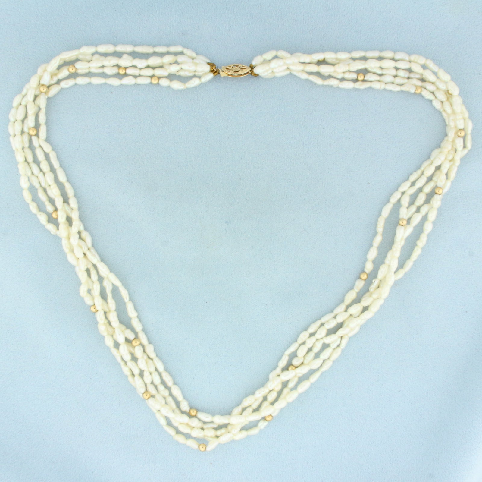 Five Strand Baroque Freshwater Pearl and Gold Bead Necklace in 14k Yellow Gold