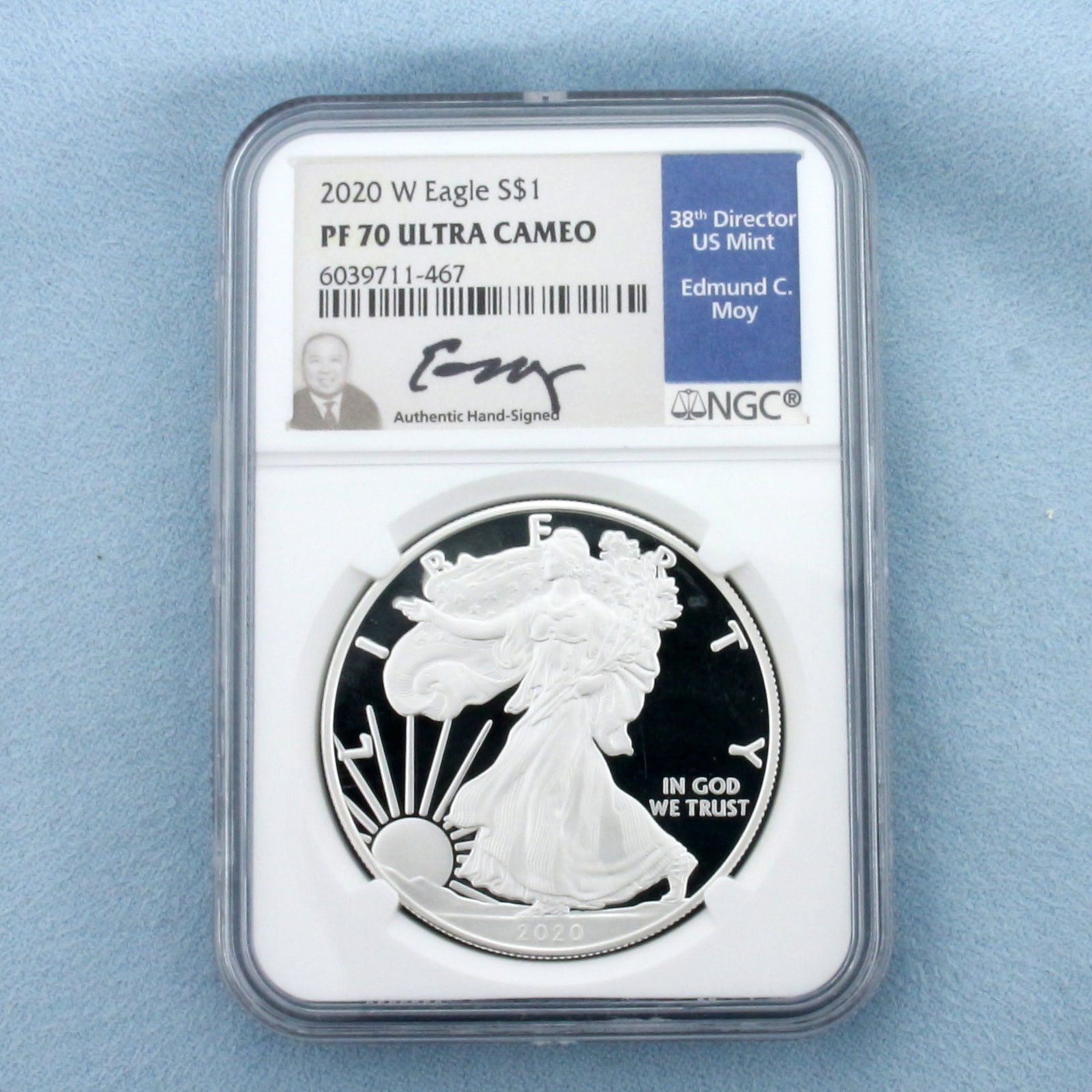 2020 W Proof Silver Eagle S$1 Coin NGC PF70 Ultra Cameo Edmund Moy Hand SIigned Blue Label