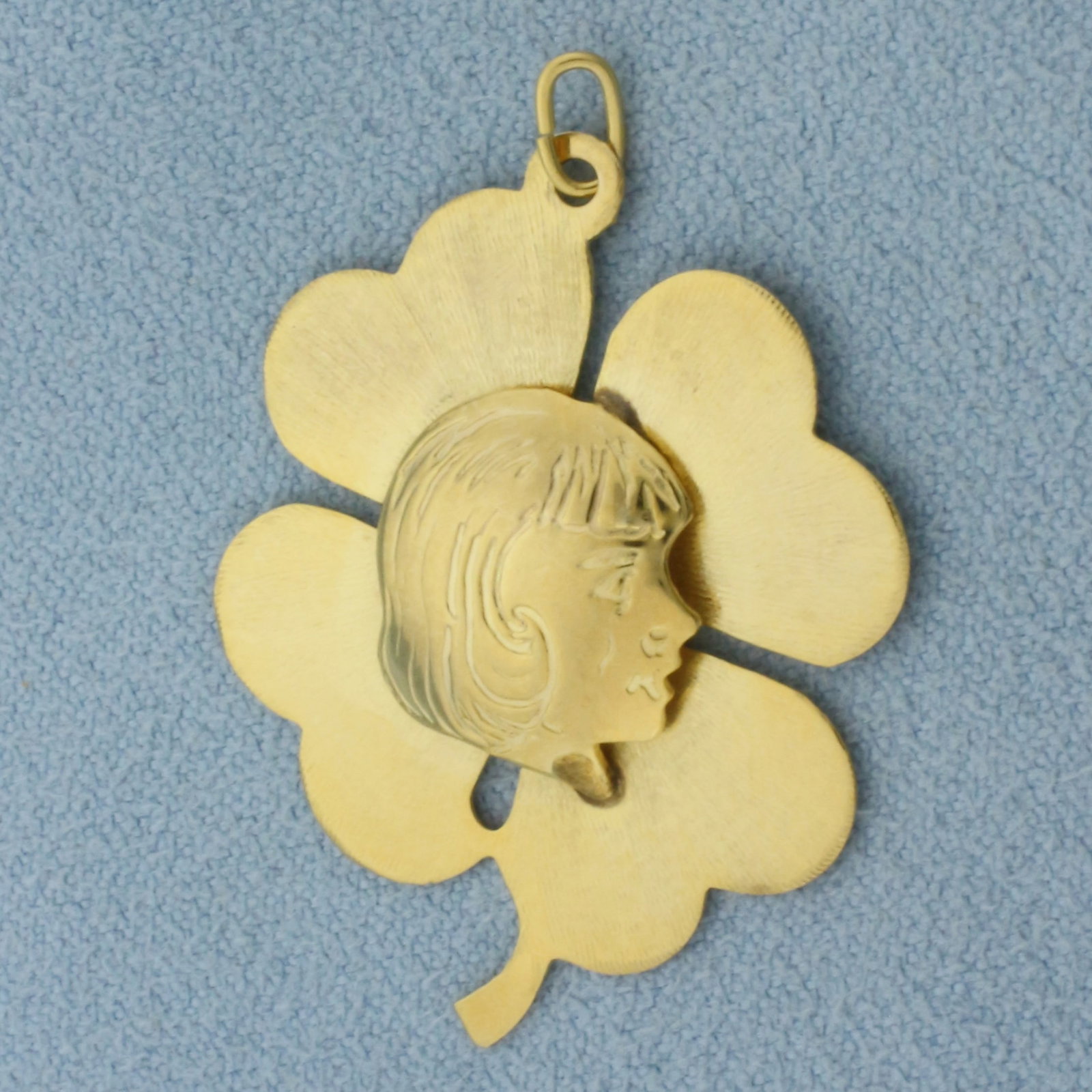 Girl Silhouette Four Leaf Clover Charm or Pendant in 14k Yellow Gold
