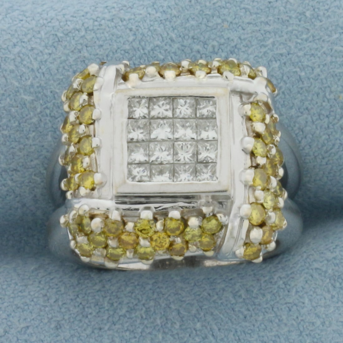 Yellow and White Diamond Ring in 18k White Gold