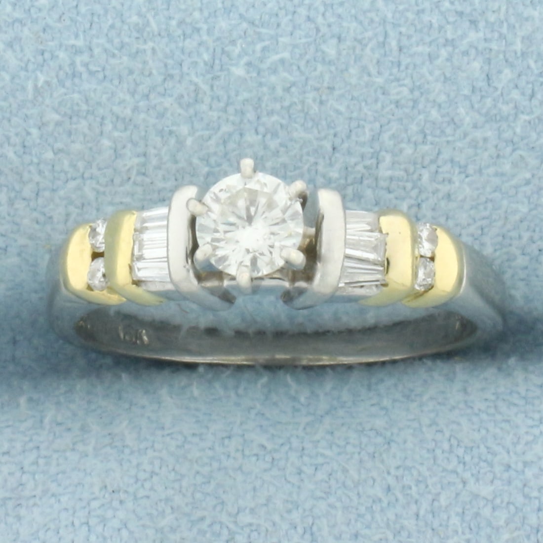 Round and Baguette Diamond Engagement Ring in 14k Yellow and White Gold