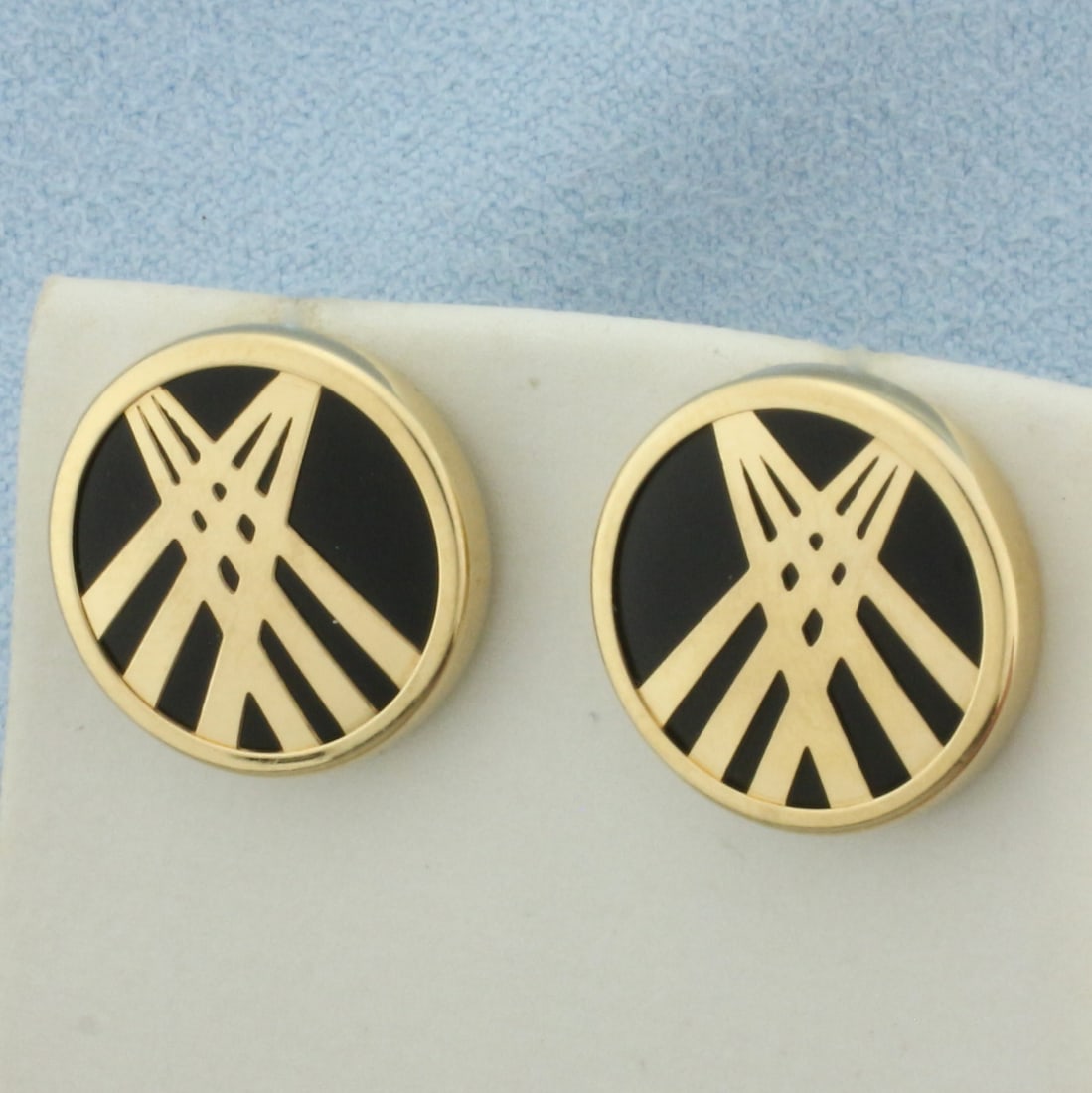 Onyx Button Earrings in 14k Yellow Gold: In 14k yellow gold. 5/8 inch diameter. New 10k yellow gold friction backs. 4.1g.