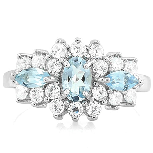Sky Blue Topaz, White Sapphire, and Diamond Ring in Sterling Silver: In platinum over .925 sterling silver. Contains one .55ct oval sky blue topaz gemstone, two marquise sky blue topaz gemstones, .38ctw, and eighteen white sapphires, 1ctw. Additionally, there are two g