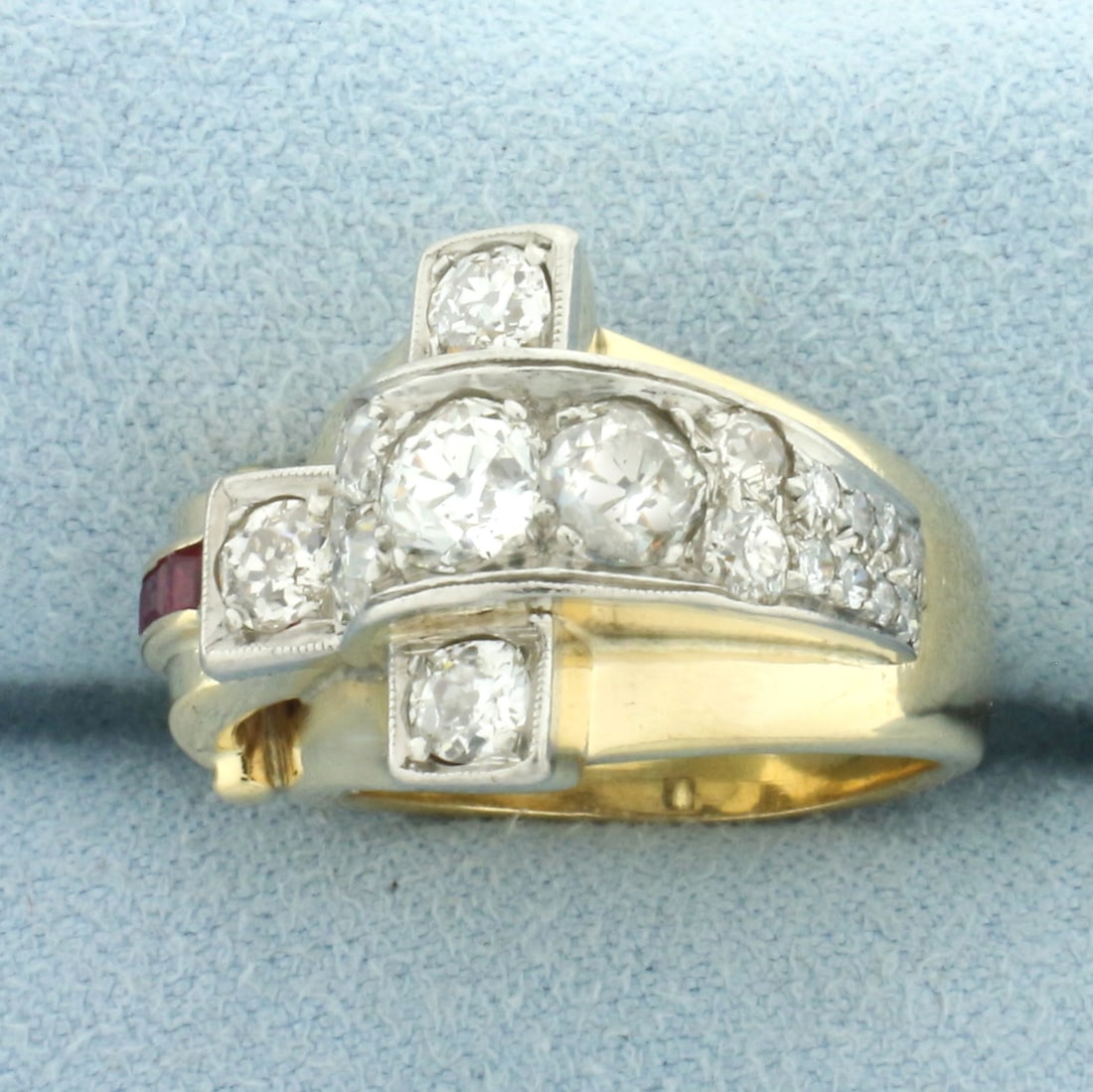 Antique Old European Diamond and Ruby Cross Design Ring in 14k Yellow Gold: In 14k Yellow Gold. Contains twenty high quality Old European cut diamonds ranging from .01ct to 1/2ct each, 2ct TW, SI clarity/H color. Also contains three natural high quality natural 2mm square ste