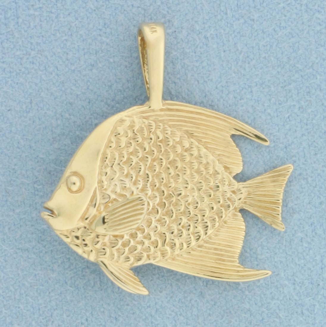 Designer Kabana Fish Pendant in 14k Yellow Gold: In 14k Yellow Gold. 1 1/8 inches long including bail. 1 1/8 inches wide. 7.2g.