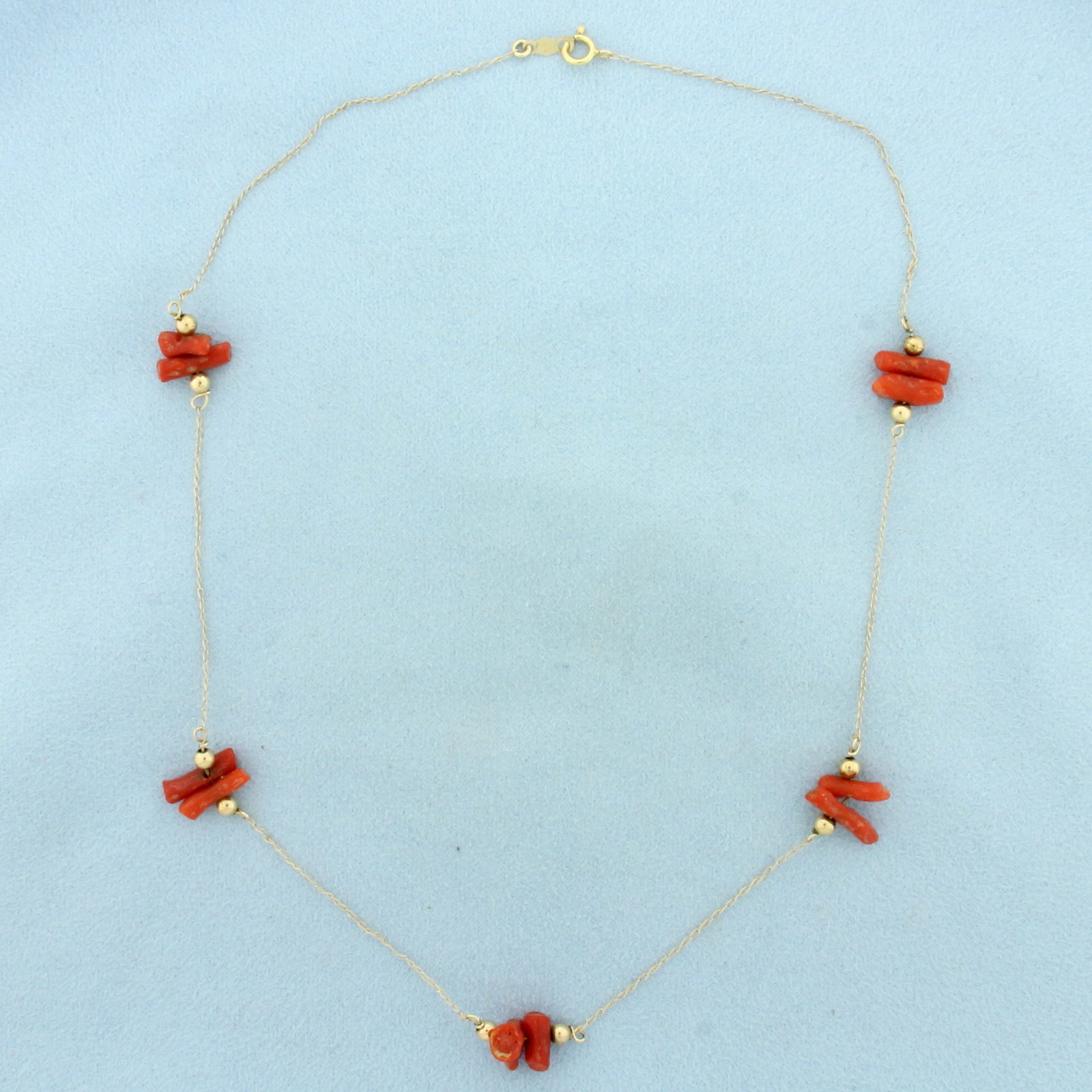 Red Coral Station Necklace in 14k Yellow Gold