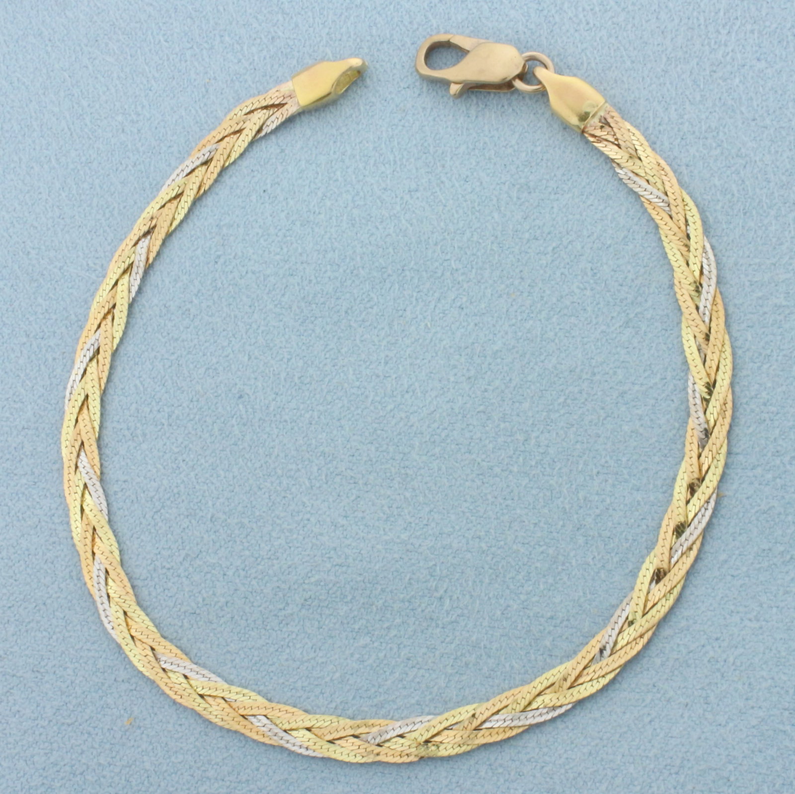 Tri-Color Italian Braided Herringbone Bracelet in 14k Yellow, White, and Rose Gold