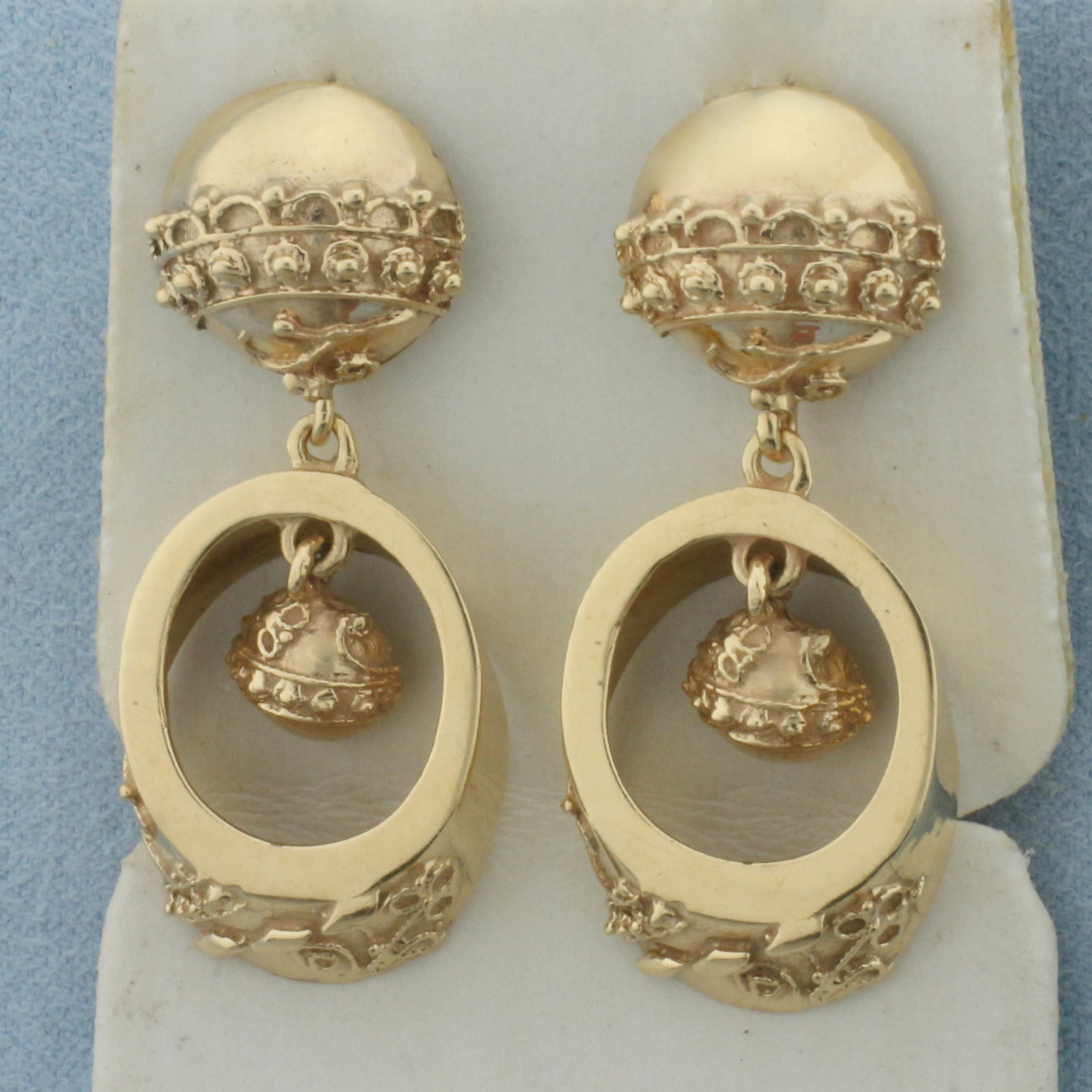 Vintage Drop Dangle Earrings in 14k Yellow Gold: In 14k Yellow Gold. 1 1/2 inch long. 5/8 inch wide (at widest). Friction backs. 13.0g.
