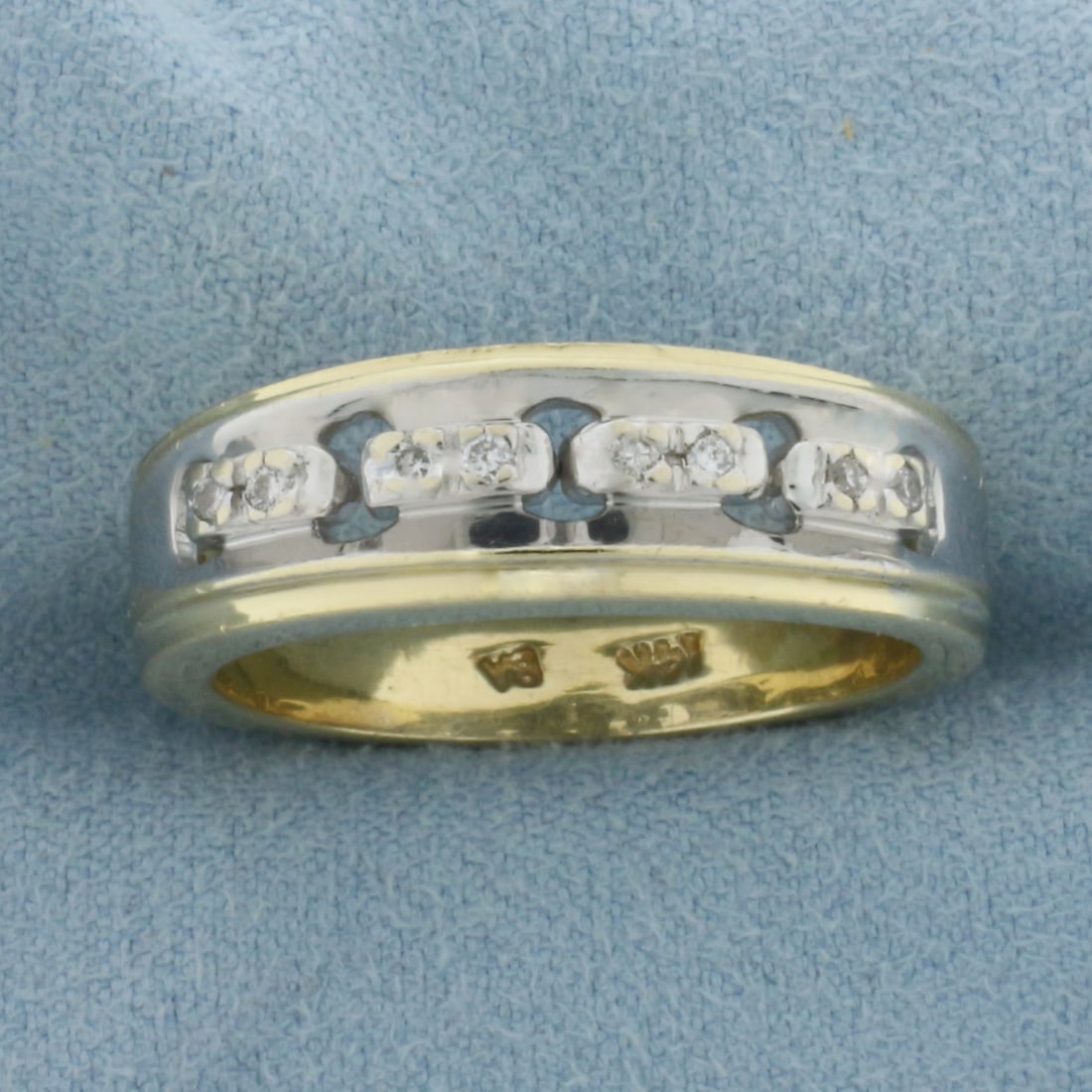 Mens Diamond Two Tone Wedding Band Ring in 14k Yellow and White Gold: In 14k Yellow and White Gold. Contains eight high quality 1/2pt diamonds. 7.2mm wide at top of ring. Size 10.5. 9.5g.