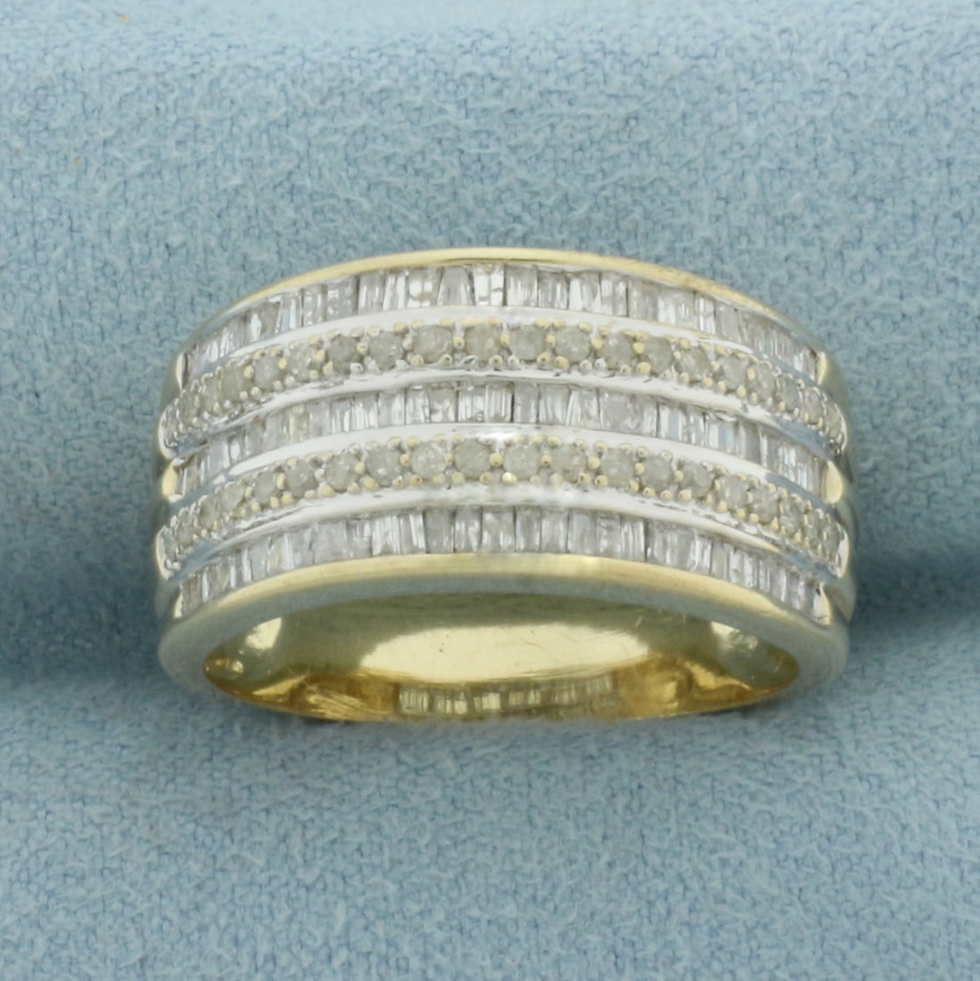 Baguette and Round Diamond Wide Band Ring in 10k Yellow Gold