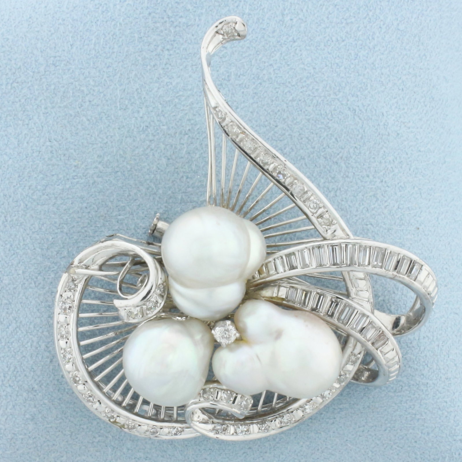 Diamond and Baroque Pearl Pendant Brooch Pin in 14k White Gold