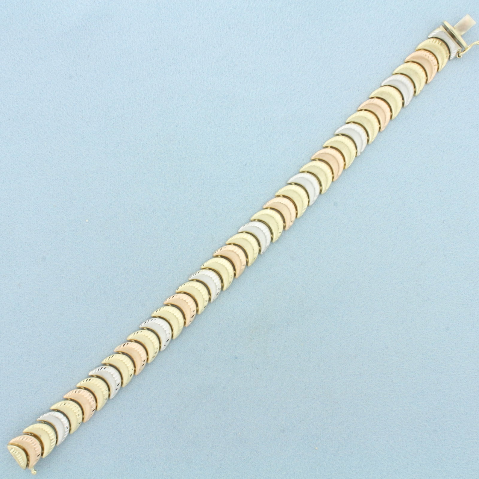 Designer Crescent Link Bracelet in 10k Yellow, White, and Rose Gold