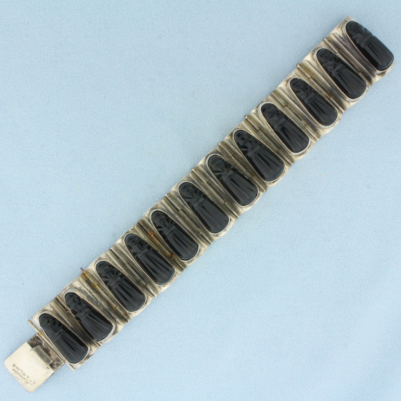 Heavy Onyx Wide Link Bracelet in .925 Sterling Silver