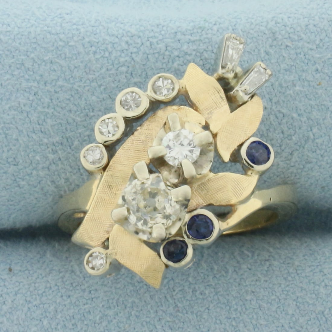 Old Mine Cut Diamond and Sapphire Ring in 14k Yellow Gold
