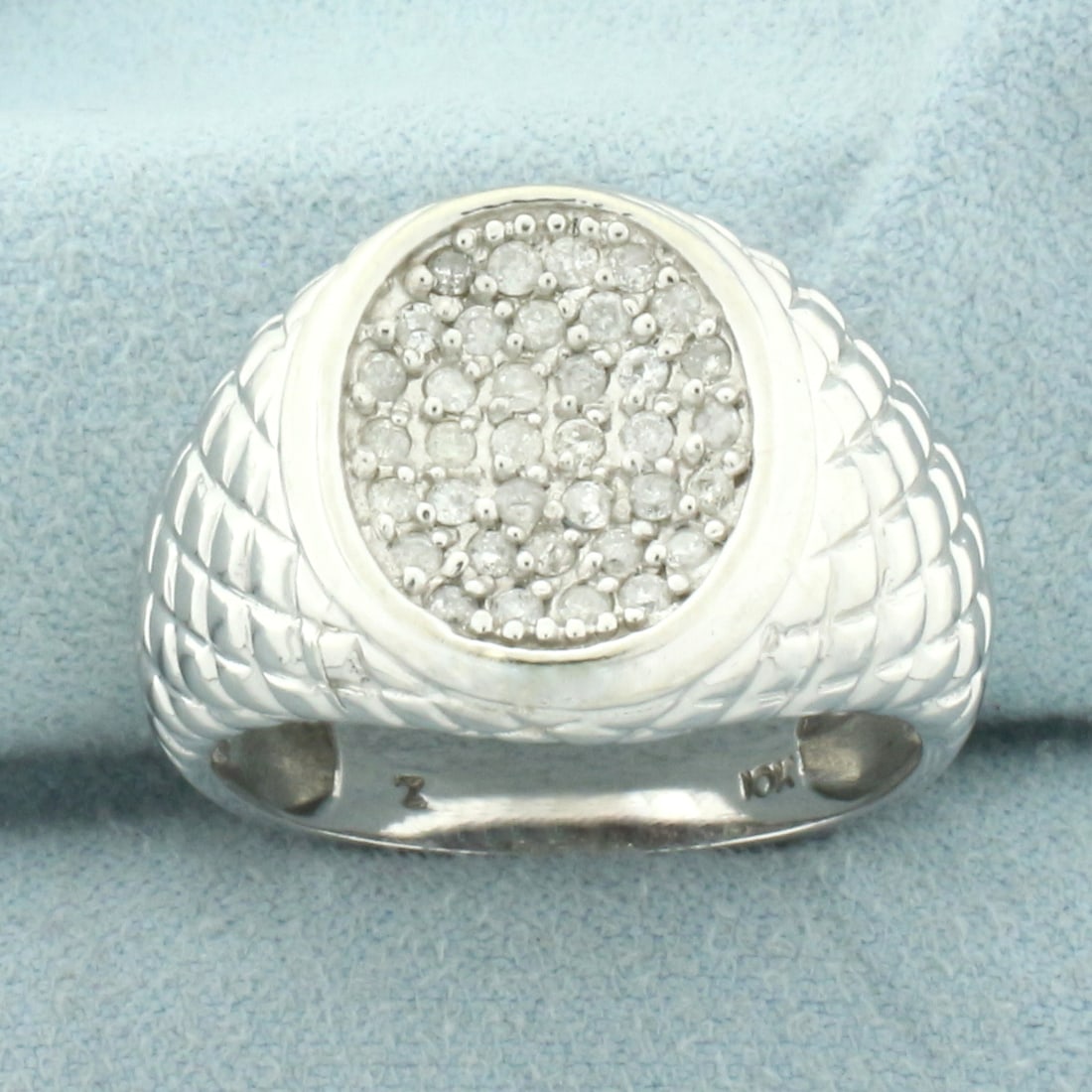 Quilted Design Pave Set Diamond Ring in 10k White Gold: In 10k white gold. Contains thirty six high quality .01ct diamonds, H color/I clarity. 16mm wide at top of ring. Size: 10.5. 5.7g.