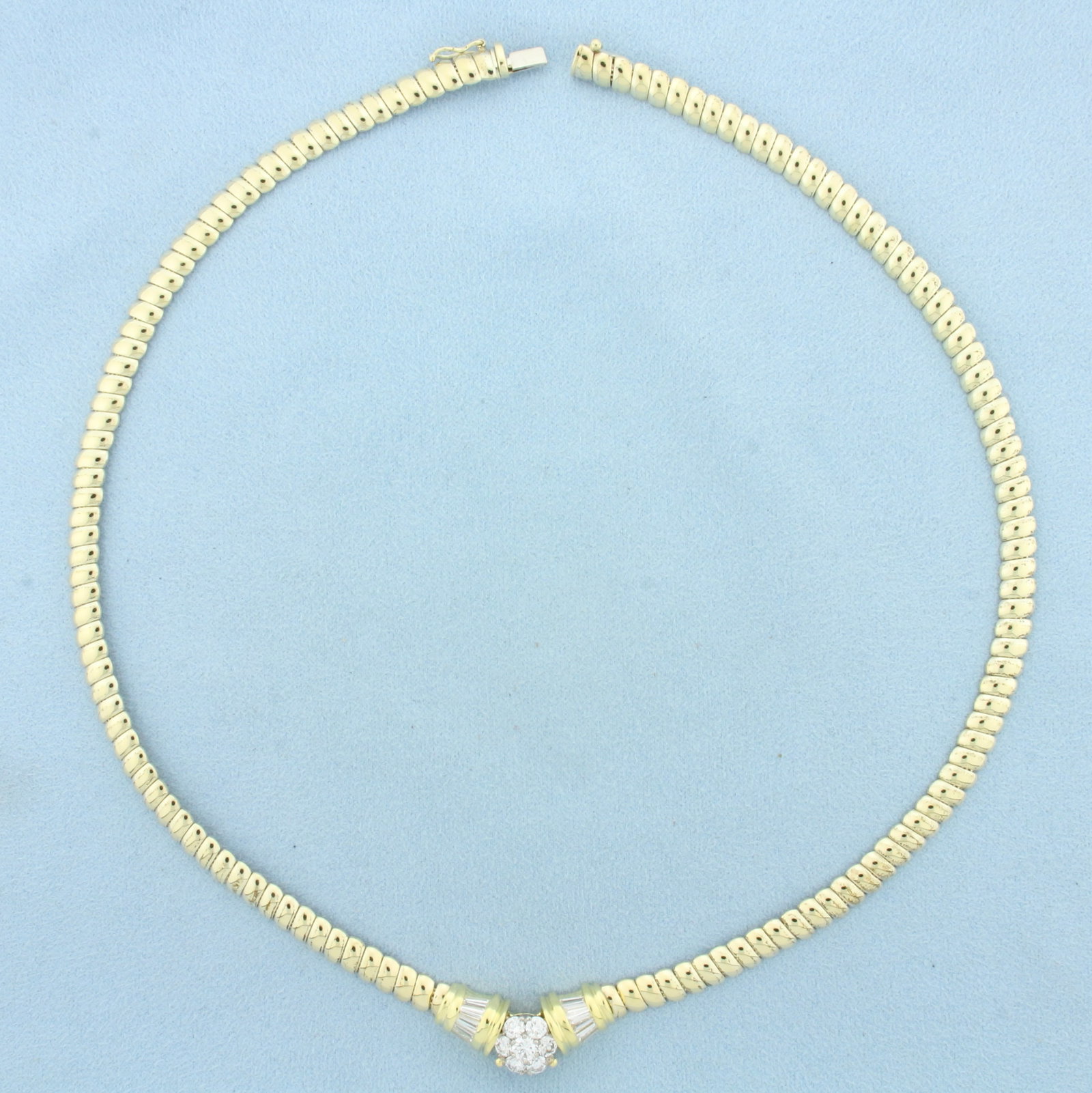 Italian Round and Baguette Diamond Designer Necklace in 14k Yellow Gold
