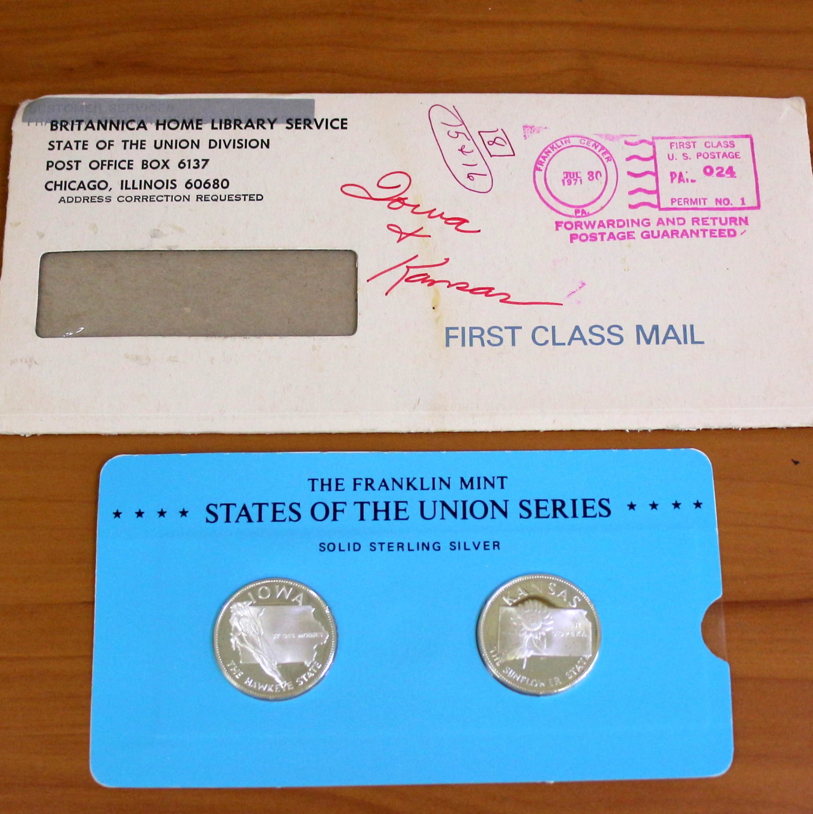 Franklin Min States of the Union Sterling Silver Coins Iowa and Kansas Original Packaging: In Solid Sterling Silver. Includes original packaging and envelope.