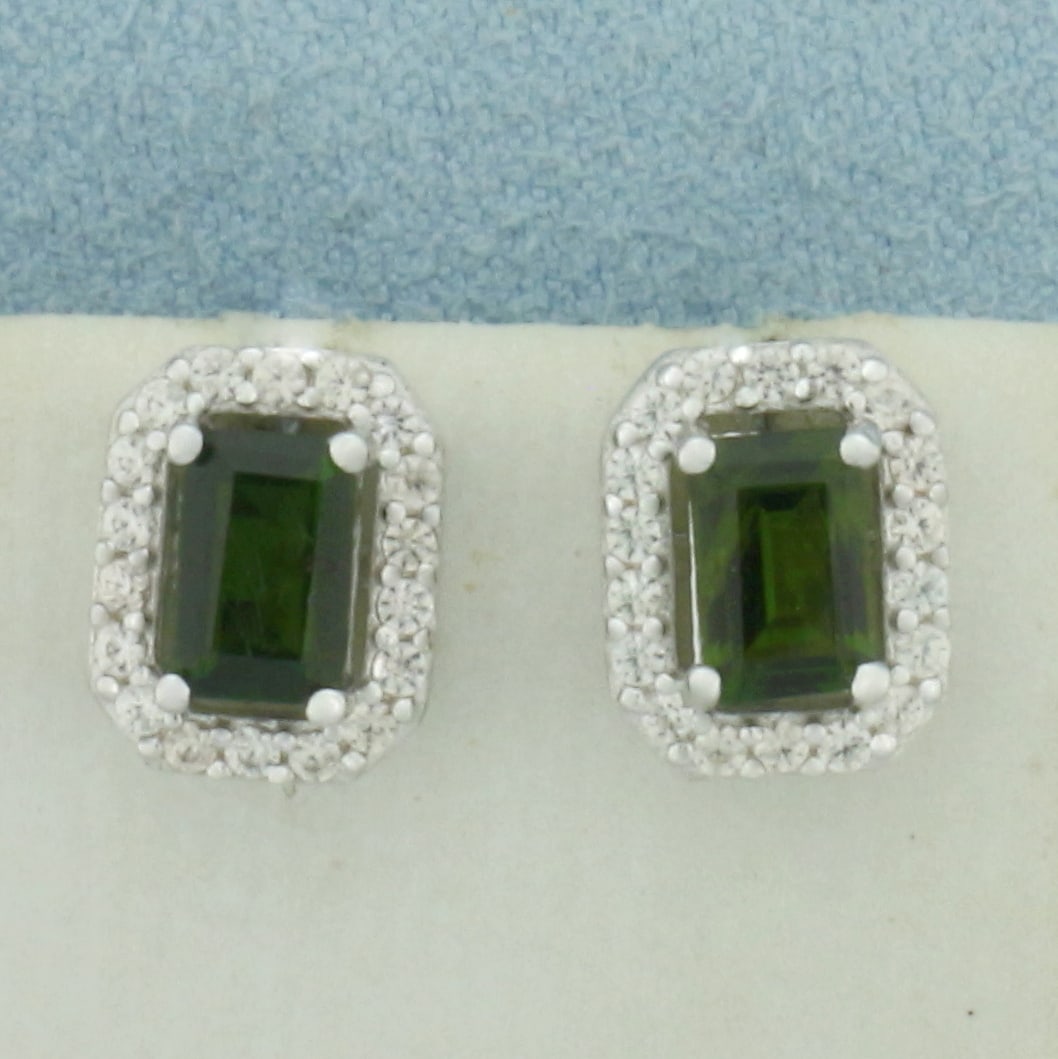 Russian Chrome Diopside and White Zircon Earrings in Sterling Silver: In .925 Sterling Silver. Contains two high quality emerald cut Russian Chrome Diopside gemstones, approximately 1ct TW, with intense color and excellent clarity. Also contains thirty-six high quality 