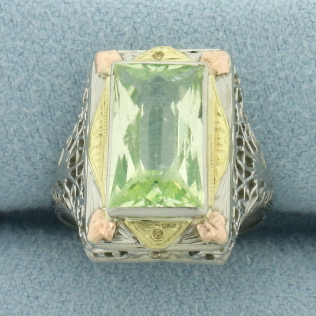 Vintage Mint Green Tourmaline Filigree Ring in 14k White, Rose, and Yellow Gold: In 14k White, Rose, and Yellow Gold. Contains one12x7mm high quality natural Mint Green Tourmaline Gemstone with vibrant color and excellent clarity (some surface abrasion consistent with age). 16mm w