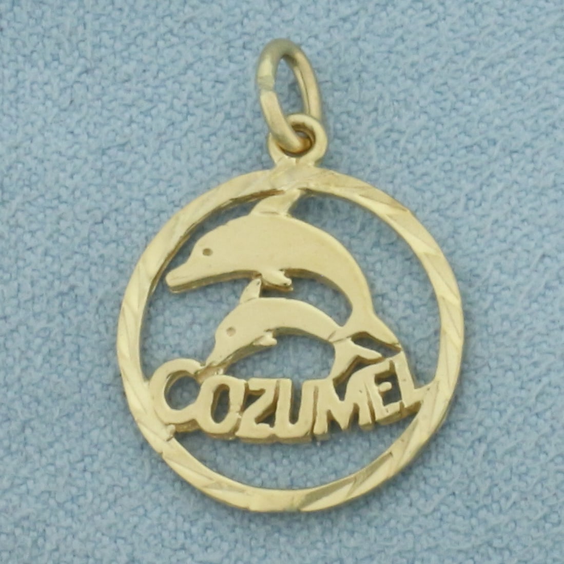 Cozumel Dolphin Charm in 14k Yellow Gold: In 14k Yellow Gold. 3/4 inch long. 5/8 inch wide. 1.1g