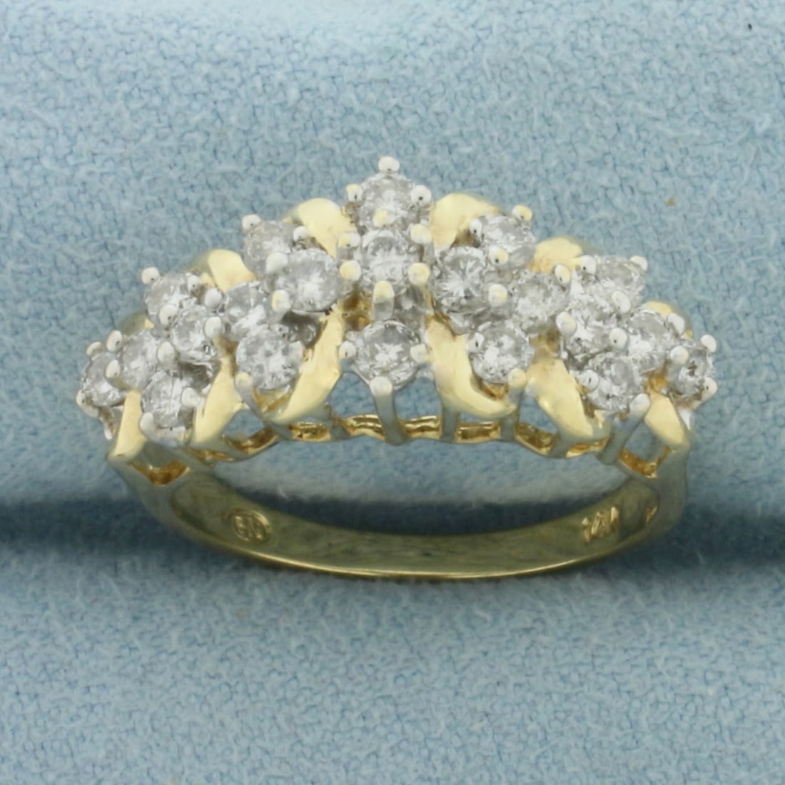 Diamond Ring in 14k Yellow Gold: In 14k Yellow Gold. Contains twenty-one high quality diamonds, 1ct TW, SI clarity/G color. Size 7.5. 4.6g.