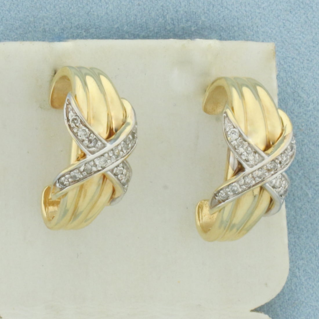Diamond Half Hoop X Design Earrings in 14k Yellow Gold