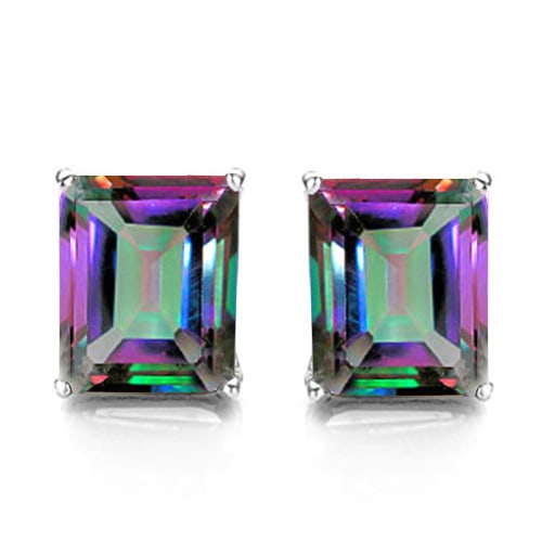 6x8 Emerald Cut Mystic Topaz Earrings in Sterling Silver: In platinum over .925 sterling silver basket mountings with friction backs included. Contains 2 emerald cut Mystic Topaz gemstones with excellent color and clarity, approx. 2.6CTW, 6x8mm each. 1.9g