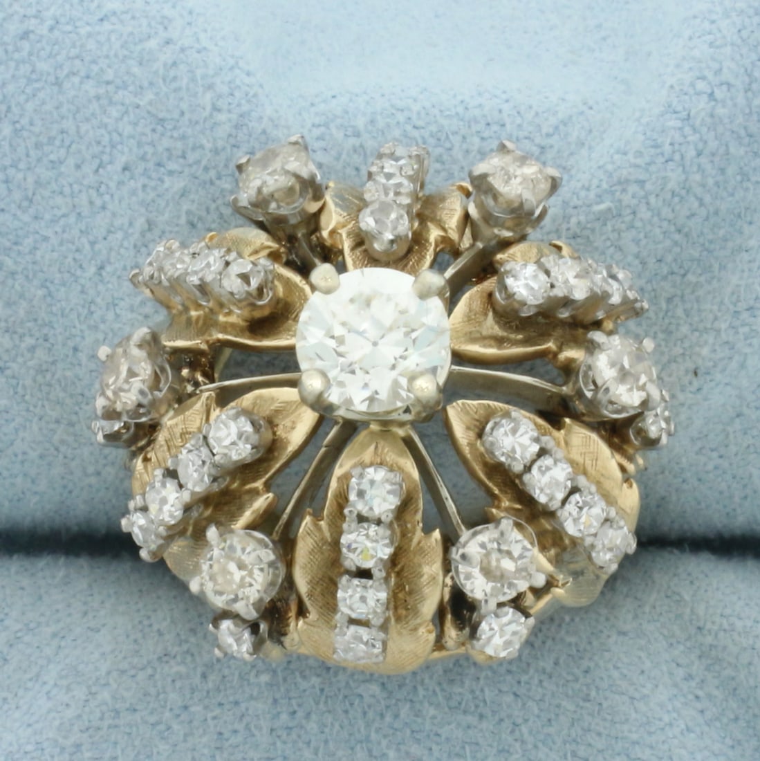 Antique Old European Diamond Starburst Ring in 14k Yellow Gold: In 14k Yellow Gold. Contains one high quality .95ct Old European cut diamond, VS clarity/J color. Surround by six 1/8ct Old European Cut diamonds and thirty .03ct single out diamonds of similar high q